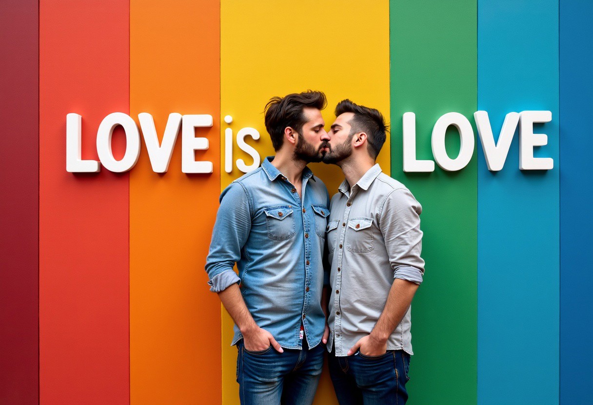 Rainbow background with text "LOVE IS LOVE", 2 men kissing, shirt, pants