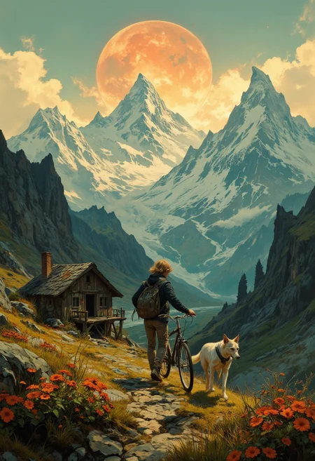 8k high quality digital painting , masterpiece, very detailed, ultra realistic, (best quality) very detailed epic masterpiece,
unearthly beautiful, a breathtakingly beautiful landscape in the French Alps, in the foreground a little boy pushes a bicycle on a path to a small mountain hut, a dog follows him, the low yellow-red sun casts long shadows, enchanting landscape, fairytale-like, calm mood, flowers in the foreground, realistic