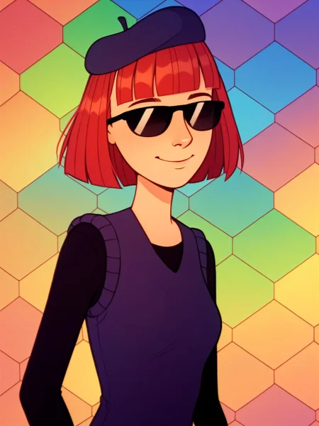 PonyXLV6_Scores, (rainbow gradient honeycomb \(pattern\) background:1.2), 1girl, solo, (upper body portrait:1.1), warm slight smile, closed mouth, looking at viewer, <lora:judyTV_PDXL:1> judyTV, red hair, short hair bob, straight bangs, sunglasses, beret, black bodysuit, purple sweater dress,