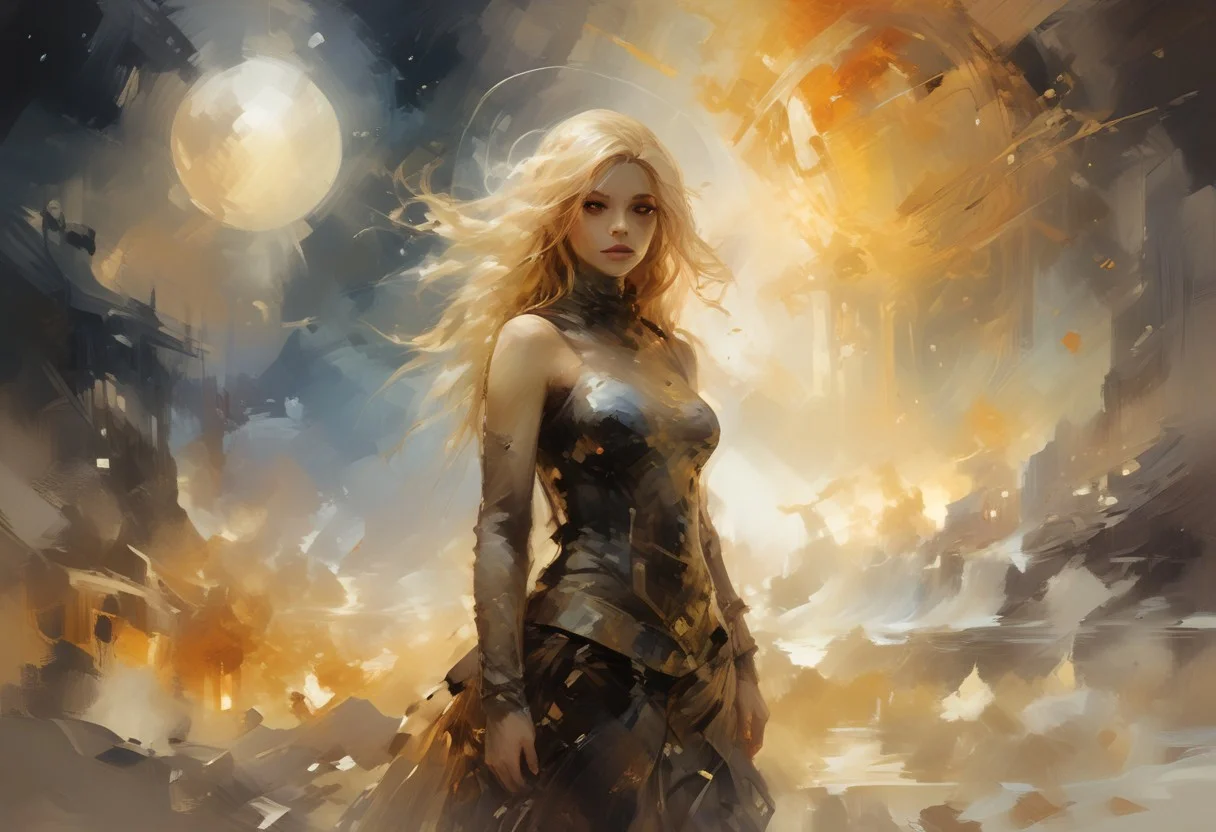 A captivating cosmic scene where Venus emerges from the ocean, waves dancing around her under a golden morning light. In the background, a starry sky serves as a canvas, with vibrant colors blending in space. Venus, shrouded in amber mist, embodies both wrath and beauty, swirling in retrograde around the blazing sun, Sol. Artistic elements suggesting a dynamic and discordant dance float around her. Illuminate this vision of a stellar future, highlighting the connection between the sea and the cosmos, with an ambiance of mystery and universal energy.