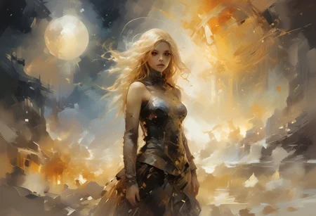 A captivating cosmic scene where Venus emerges from the ocean, waves dancing around her under a golden morning light. In the background, a starry sky serves as a canvas, with vibrant colors blending in space. Venus, shrouded in amber mist, embodies both wrath and beauty, swirling in retrograde around the blazing sun, Sol. Artistic elements suggesting a dynamic and discordant dance float around her. Illuminate this vision of a stellar future, highlighting the connection between the sea and the cosmos, with an ambiance of mystery and universal energy.