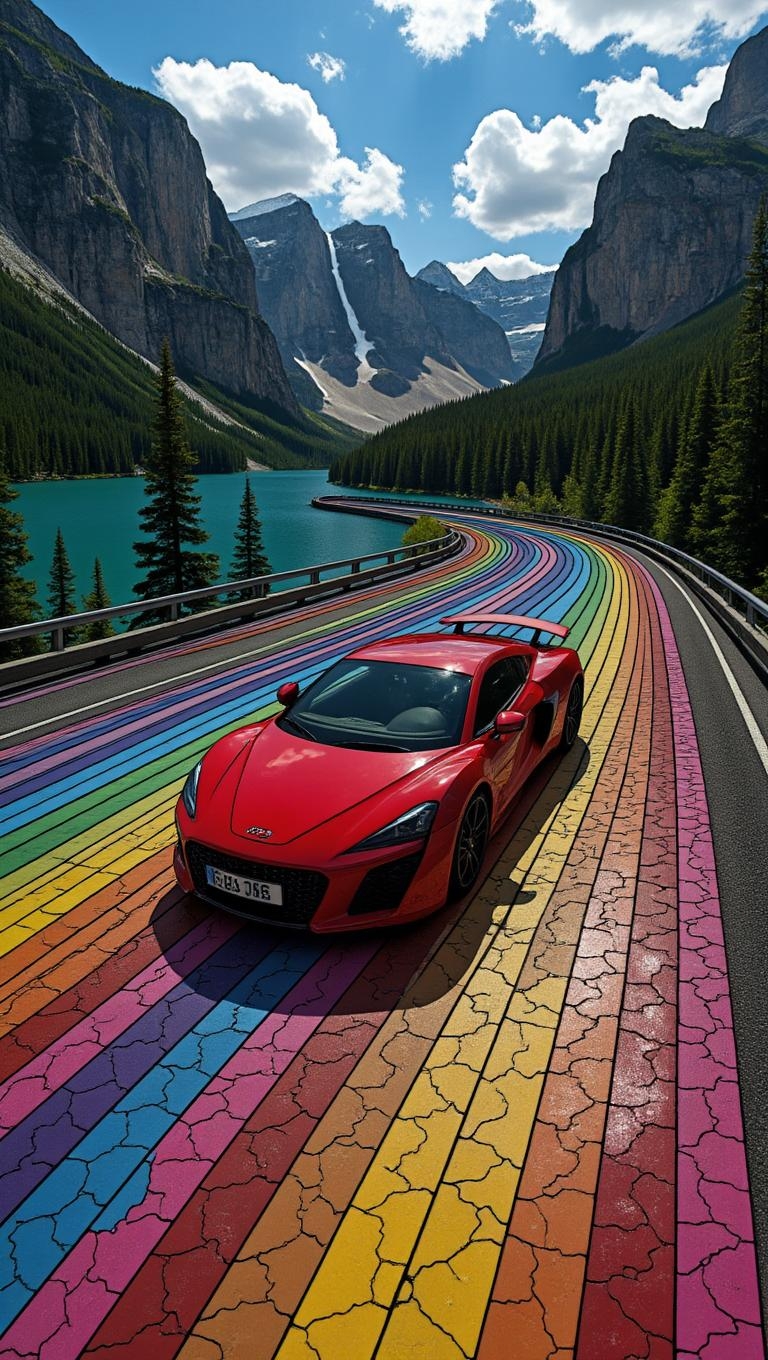 <lora:vintage-activision-flux1-dev-v1-000082.safetensors:1> with a colorful trail tie-dye with vibrant colors crackles with intensity, while black provide a dark contrast. The overall aesthetic is one of calculated reckoning,On a vibrant road paved with iridescent tiles, a red sports car with aerodynamic curves and high gloss finish glides through a stunning mountain landscape featuring sheer cliffs, waterfalls, and a crystal-clear lake. The road's colors dance around the vehicle, set against the natural beauty of the surrounding environment.
