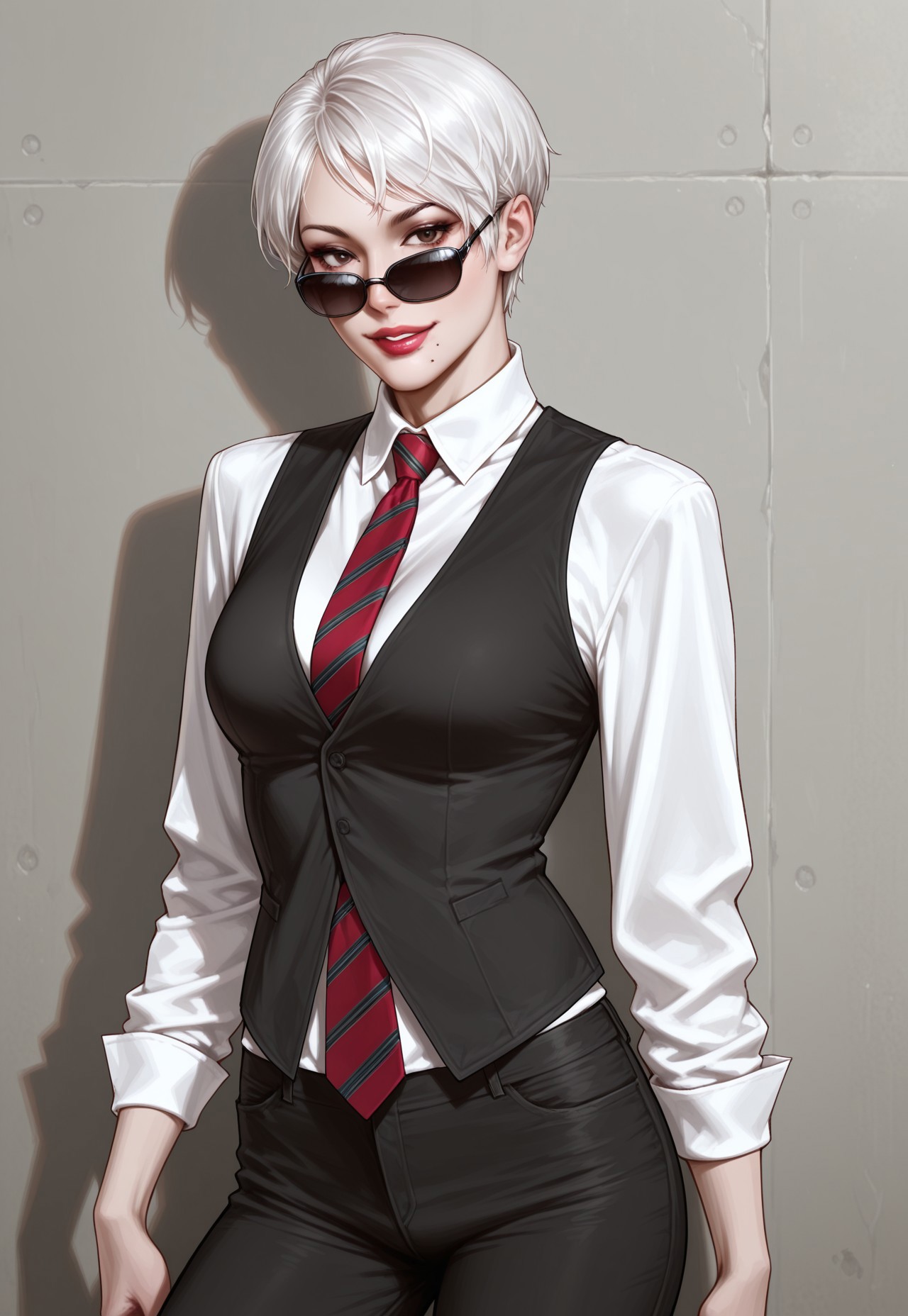 masterpiece, best quality, detailed, realistic, cowboy shot, smile, parted lips, 1girl, Strangelove, short hair, white hair, sunglasses, looking over eyewear, brown eyes, lipstick, collared shirt, vest, pants, Red striped necktie, mole under mouth,