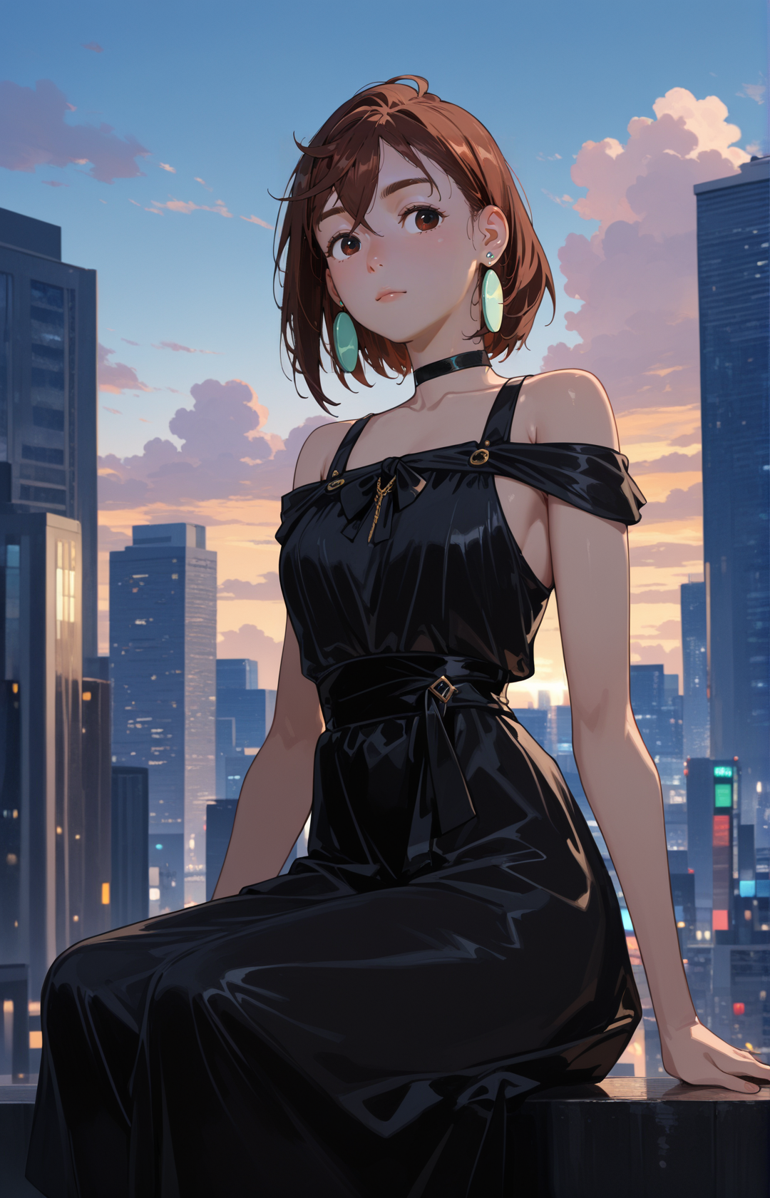 <lora:AyaseMomoCYQL:1>,AyaseMomoCYQL,1girl,solo,brown hair,short hair,brown eyes,jewelry,earrings,choker,black choker,
sky,dress,outdoors,scenery,cloud,blackdress,building,cityscape,jewelry,bow,lookingatviewer,bareshoulders,coloredinnerhair,breasts,sitting,sleeveless,closedmouth,earrings,sleevelessdress,bluesky,city,sunset,cloudysky,skyscraper,,
BREAK
EtherStyle,qxys,usnr,748cmstyle,<lora:spo_sdxl_10ep_4k-data_lora_webui:0.6>,<lora:illustrious_all_rated_v1:0.7>,<lora:laser_light_clothes_v0.5-pony:0.5>,<lora:holographiccolor:0.6>,<lora:EtherSDXL:0.8>,
perfect quality,high quality,masterpiece,best quality,amazing quality,very aesthetic,absurdres,newest,