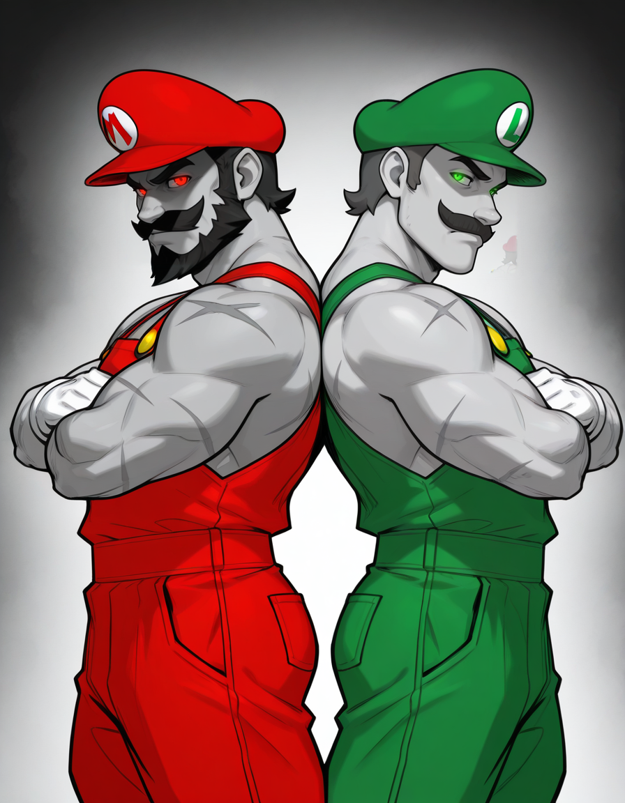 masterpiece, best quality, ultra-detailed, absurdres, newest, detailed textures, correct anatomy, 2boys, muscular male, scars, Mario \(nintendo\), back-to-back pose, red overalls, red hat, mustache, red eyes, white gloves, glowing eyes, brutal, tough, crossed arms, masculinity, wide shoulders, wide jaw, <lora:EcchiToon:0.25>, 3cch1t00n, <lora:Artist_Style_-_Bigdad_ILXL:0.25>, bigdad_style, <lora:balsamique-guy90-Illust-Lycorisv1:0.25>, balque, <lora:afrobull-guy90-Illust-Lycorisv1:0.25>, afbul, <lora:boxman-guy90-Illust-Lycorisv1:0.25>, namxob, (spot_color, selective_color_style, monochrome:1.3), beard, shaded face, 
masterpiece, best quality, ultra-detailed, absurdres, newest, detailed textures, correct anatomy, 2boys, muscular male, scars, Luigi \(nintendo\), back-to-back pose, green overalls, green hat, mustache, green eyes, white gloves, glowing eyes, brutal, tough, crossed arms, masculinity, wide shoulders, wide jaw, <lora:OmniReal:0.25>, 0mn1r3al, <lora:Our_Muted_Future_Illu_Edition:0.25>, omfv2, <lora:zigouILL:0.25>, zigou, <lora:Sketch Illustration [LoRA] - Illustrious-XL v0.1:0.25>, sketch.(spot_color, selective_color_style, monochrome:1.3), beard, shaded face