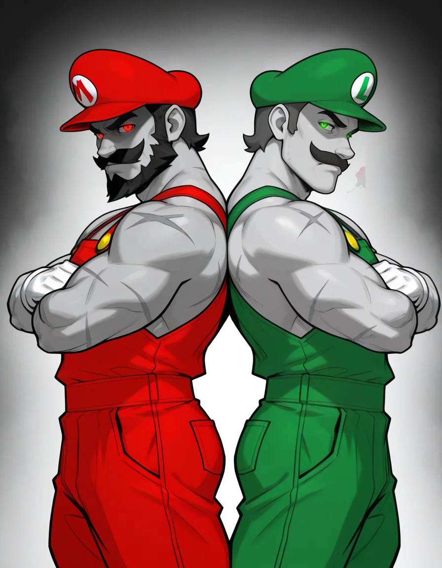 masterpiece, best quality, ultra-detailed, absurdres, newest, detailed textures, correct anatomy, 2boys, muscular male, scars, Mario \(nintendo\), back-to-back pose, red overalls, red hat, mustache, red eyes, white gloves, glowing eyes, brutal, tough, crossed arms, masculinity, wide shoulders, wide jaw, <lora:EcchiToon:0.25>, 3cch1t00n, <lora:Artist_Style_-_Bigdad_ILXL:0.25>, bigdad_style, <lora:balsamique-guy90-Illust-Lycorisv1:0.25>, balque, <lora:afrobull-guy90-Illust-Lycorisv1:0.25>, afbul, <lora:boxman-guy90-Illust-Lycorisv1:0.25>, namxob, (spot_color, selective_color_style, monochrome:1.3), beard, shaded face, 
masterpiece, best quality, ultra-detailed, absurdres, newest, detailed textures, correct anatomy, 2boys, muscular male, scars, Luigi \(nintendo\), back-to-back pose, green overalls, green hat, mustache, green eyes, white gloves, glowing eyes, brutal, tough, crossed arms, masculinity, wide shoulders, wide jaw, <lora:OmniReal:0.25>, 0mn1r3al, <lora:Our_Muted_Future_Illu_Edition:0.25>, omfv2, <lora:zigouILL:0.25>, zigou, <lora:Sketch Illustration [LoRA] - Illustrious-XL v0.1:0.25>, sketch.(spot_color, selective_color_style, monochrome:1.3), beard, shaded face
