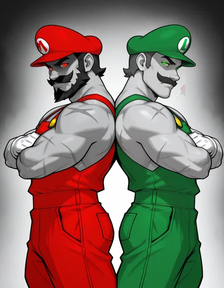 masterpiece, best quality, ultra-detailed, absurdres, newest, detailed textures, correct anatomy, 2boys, muscular male, scars, Mario \(nintendo\), back-to-back pose, red overalls, red hat, mustache, red eyes, white gloves, glowing eyes, brutal, tough, crossed arms, masculinity, wide shoulders, wide jaw, <lora:EcchiToon:0.25>, 3cch1t00n, <lora:Artist_Style_-_Bigdad_ILXL:0.25>, bigdad_style, <lora:balsamique-guy90-Illust-Lycorisv1:0.25>, balque, <lora:afrobull-guy90-Illust-Lycorisv1:0.25>, afbul, <lora:boxman-guy90-Illust-Lycorisv1:0.25>, namxob, (spot_color, selective_color_style, monochrome:1.3), beard, shaded face, 
masterpiece, best quality, ultra-detailed, absurdres, newest, detailed textures, correct anatomy, 2boys, muscular male, scars, Luigi \(nintendo\), back-to-back pose, green overalls, green hat, mustache, green eyes, white gloves, glowing eyes, brutal, tough, crossed arms, masculinity, wide shoulders, wide jaw, <lora:OmniReal:0.25>, 0mn1r3al, <lora:Our_Muted_Future_Illu_Edition:0.25>, omfv2, <lora:zigouILL:0.25>, zigou, <lora:Sketch Illustration [LoRA] - Illustrious-XL v0.1:0.25>, sketch.(spot_color, selective_color_style, monochrome:1.3), beard, shaded face
