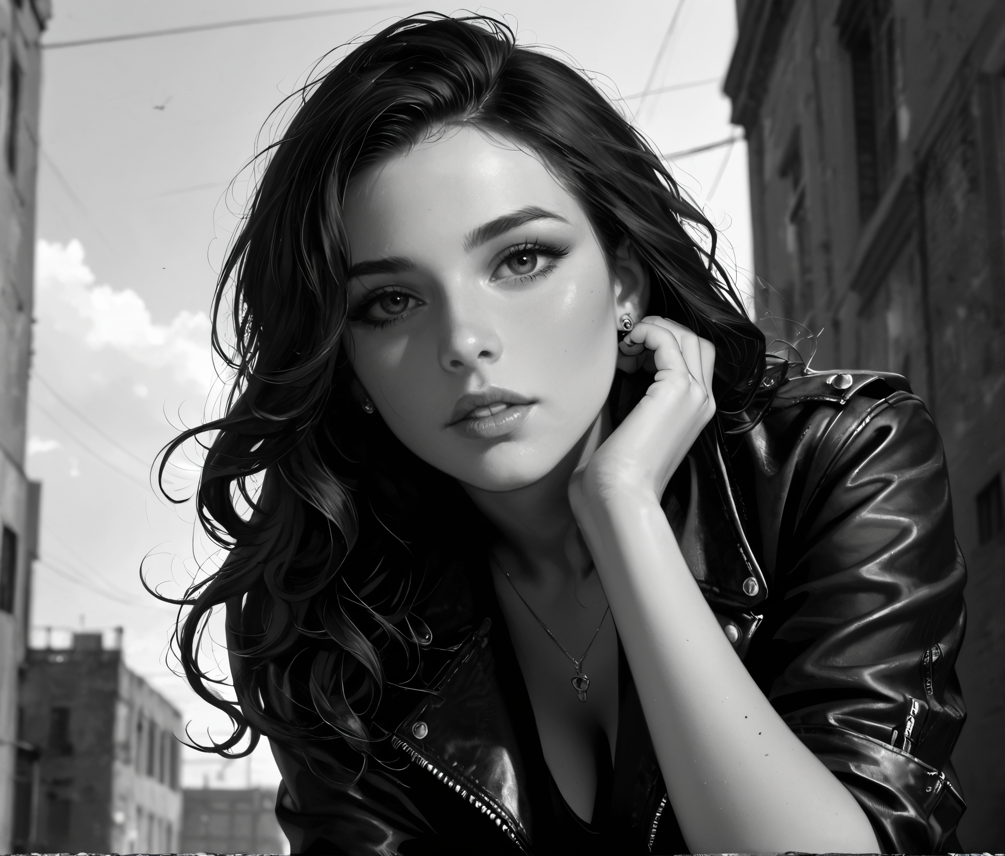 Expressiveh,score_9, score_8_up, score_7_up, realistic, Dramatic angle, A moody black and white portrait of a beautiful young woman with a ((square face , round jaw, high cheek bones)) , parted lips, mascara, sitting on a concrete ledge in an urban setting, surrounded by weathered stone walls and rough textures. She wears a black leather jacket and a short skirt, with glossy black high heels. Her pose is introspective and edgy, as she gazes directly into the camera with a bold, intense expression. Her long wavy hair falls naturally across her face, adding to the raw, emotional atmosphere. The environment has a grunge aesthetic, with natural shadows, high contrast lighting, and a timeless cinematic quality. Shot with a shallow depth of field, editorial fashion photography style, high-resolution details in fabric and skin texture, (black and white:1.7), urban grunge, edgy fashion, emotional portrait, natural pose, film noir vibe, leather aesthetic, minimalist background.<lora:Expressive_H:0.9> <lora:add-detail-xl:1.5><lora:dark:0.3>