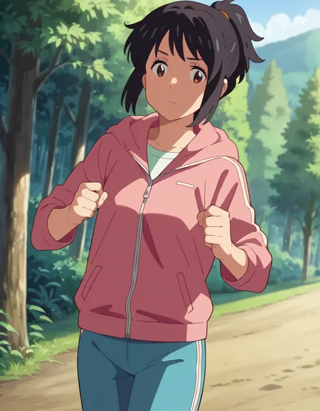 score_9, score_8_up, score_7_up, source_anime,
mitsuhamiyamizu, <lora:mitsuha-miyamizu-ponyxl-lora-nochekaiser:1>,
mitsuha miyamizu, black hair, brown eyes,
medium hair, ponytail, sidelocks, jacket, pink jacket, hoodie, zipper, track pants, blue pants, closed jacket,
outdoors, forest, nature,
looking at viewer, dutch angle, cowboy shot, dynamic pose,