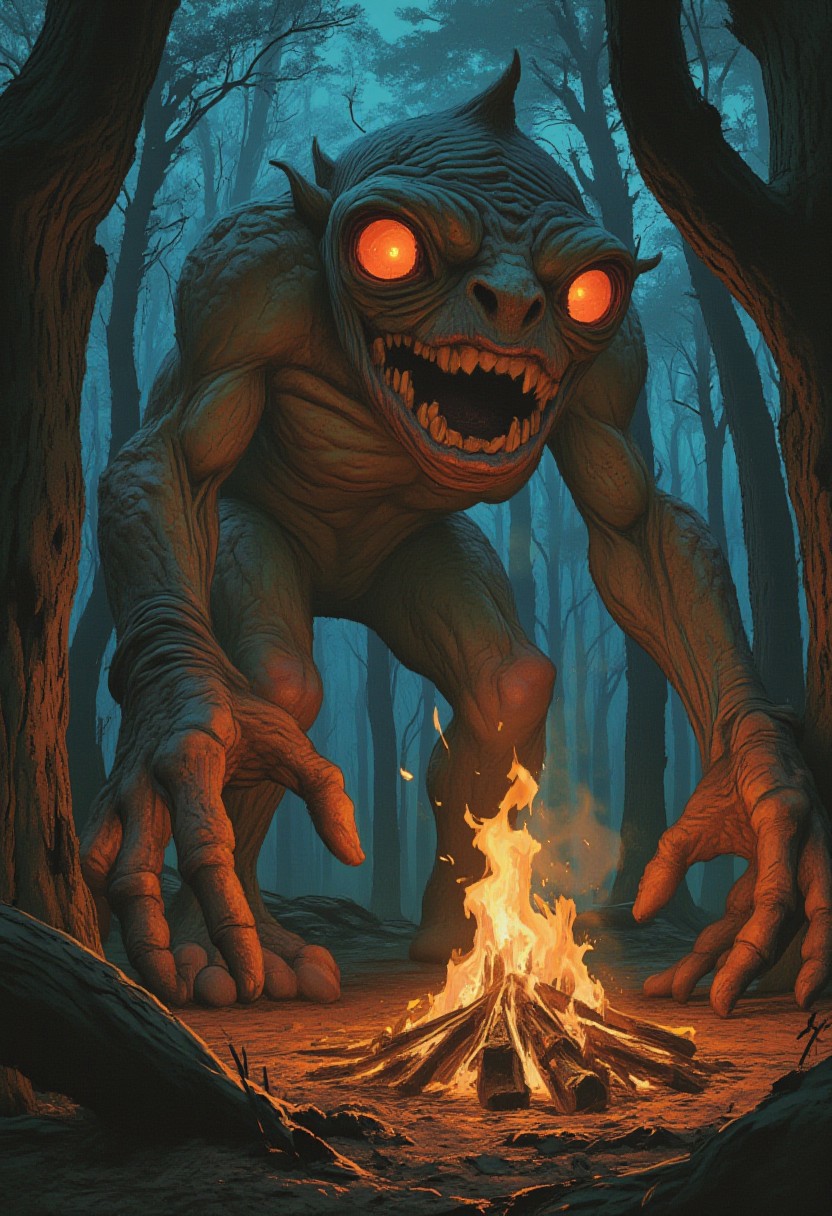 comic art by Mike Allred, 
A grotesque, claymation-style monster with exaggerated limbs and a comically large head stomps through the glowing forest, its eyes glinting like two molten suns. Cultists in retro, dreamcore-inspired outfits scatter around, their capes flowing as they light ritual fires at the base of ancient, twisted trees. The autumn air smells of damp earth and smoke, heavy with mystery and magic
                                                                                                                                                                                                                                                                                                 , in the style of analog VHS aesthetic, grainy and low-resolution, muted retro color palette, soft focus with heavy shadows, eerie and unsettling atmosphere, surreal and nostalgic, vintage cult-like vibe, dark and shadowy environment, washed-out colors
art by torikun, SentinelBot, OBxiaoxiang