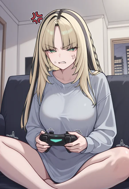 masterpiece, best quality, 1girl, solo, KoganeiNiko, green eyes, slit pupils, multicolored hair, blonde hair, black hair, long hair, side braid, parted bangs, anger vein, twitching, playing games, holding controller, butterfly sitting, on couch, indoors, apartment, <lora:ChamKoganeiNikoIllustriousXL:1>