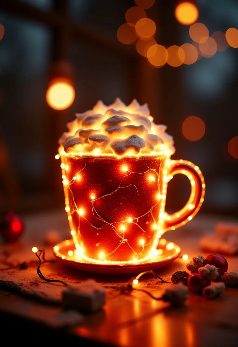 xmas lights, a coffee cup made of Christmas lights sitting on a festive coffee shop table