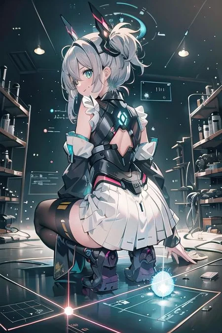 (masterpiece), (science fiction:1.4), 1girl, her back turned, on all fours, smile, silver hair, aqua eyes, headgear, long sleeves, detached sleeves, glowing energy clothing, light particles, short skirt