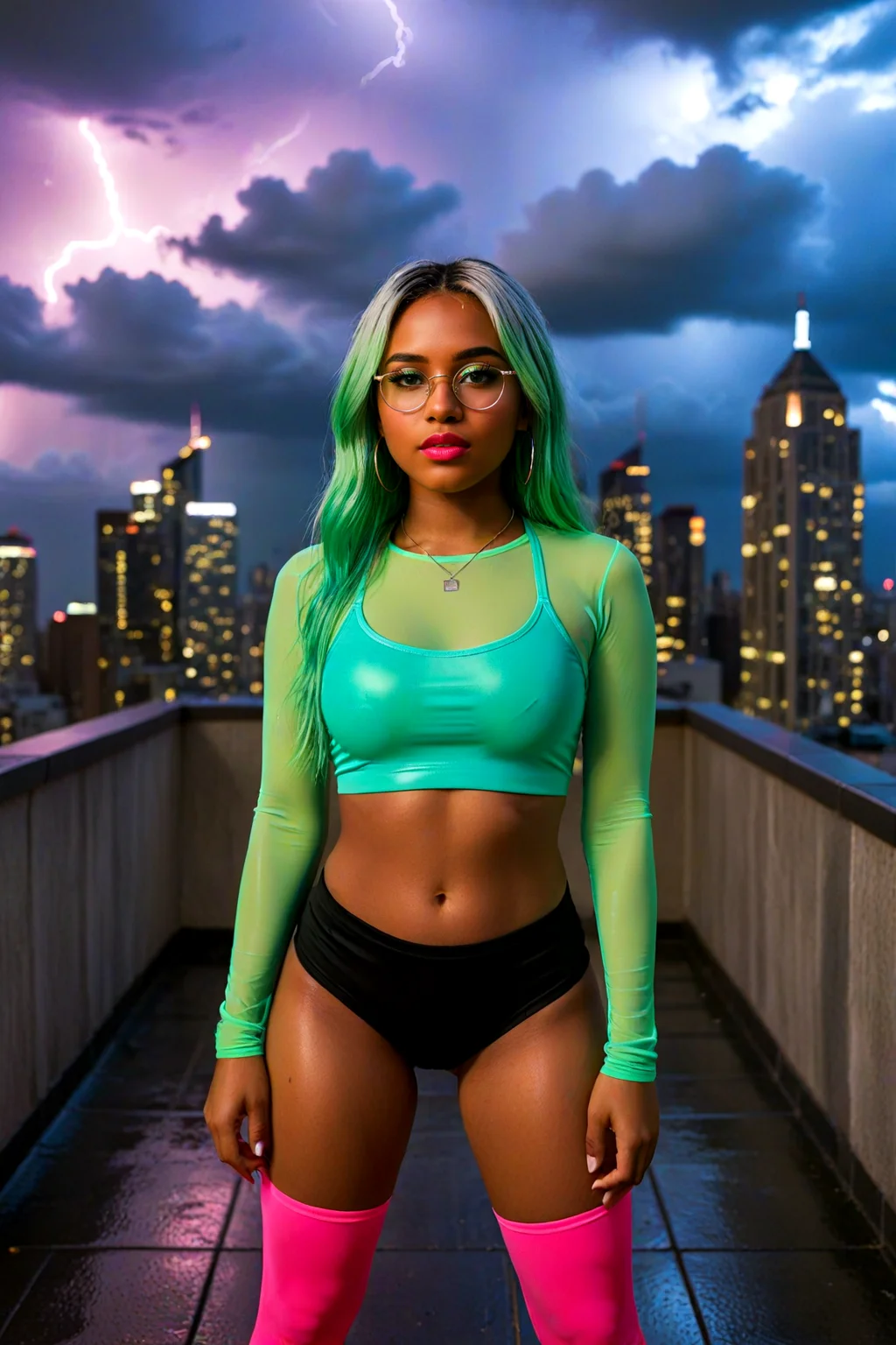 <lora:pytorch_lora_weights_361535:1>,<lora:Skin Color_alpha1.0_rank4_noxattn_250steps:1.1>,A amateur snapshot of a 22 year old british 1Girl,fully clothed,solo,long hair Hair, bright green Hair,gradient hair, white hair, bright pupils, black eyes ,,natural breasts,ass,kawaii,adorable,petite,choker,earrings,glasses,Colorful rainbow eyeliner with a bright red lip for a festive appearance,
wearing glossy white halter top, sheer glowing in neon-Green mesh long sleeve shirt layered over, tight holographic blue mini shorts, (neon Pink spandex leggings:1.2), platform sneakers, (glowing:1.2),(glowing in the dark:1.2).,
full body,(Standing:1.2) with feet apart, one hand on the hip, the other running down the body, head tilted back slightly, lips parted, relaxed alluring expression.,a rooftop terrace in the (rain:1.1), (thunderstorm:1.1) over the city skyline, wet tiles reflecting (blue glowing:1.1) lights, dramatic (lightning:1.1) in the clouds, empty lounge area.,, Masterpiece,best quality,realistic,HDR, 8K, masterpiece, best_quality, absurdres, ultra-detailed, highly_aesthetic, depth_of_field