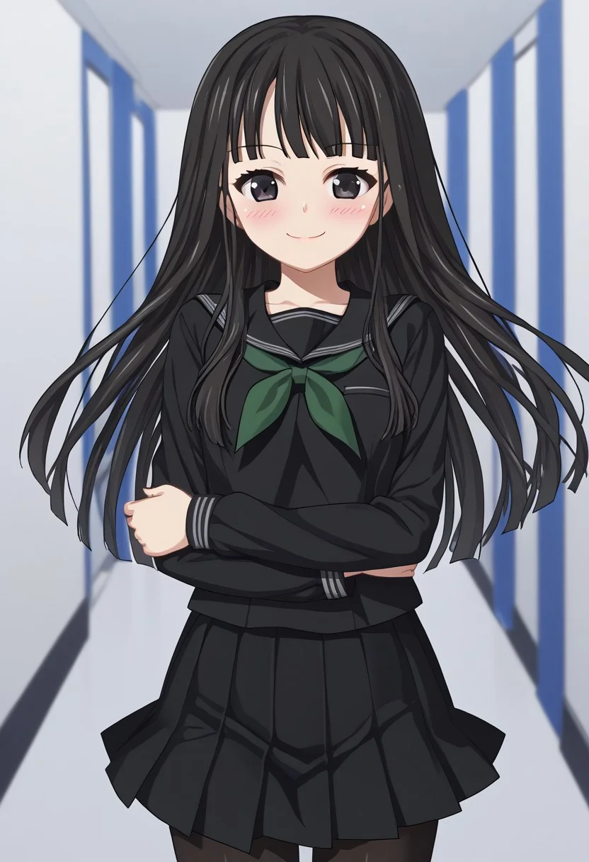 1girl, solo, byakuya rinne, black eyes, black serafuku, green neckerchief, black skirt, black pantyhose, blush, smile, looking at viewer, holding own arm, source_anime, score_9