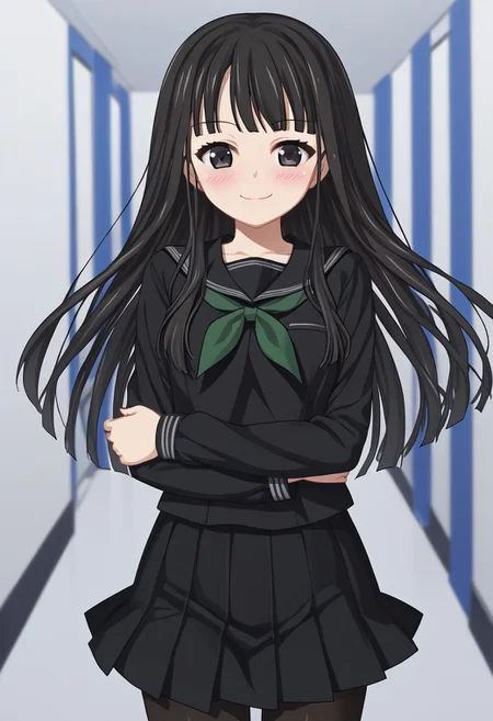 1girl, solo, byakuya rinne, black eyes, black serafuku, green neckerchief, black skirt, black pantyhose, blush, smile, looking at viewer, holding own arm, source_anime, score_9