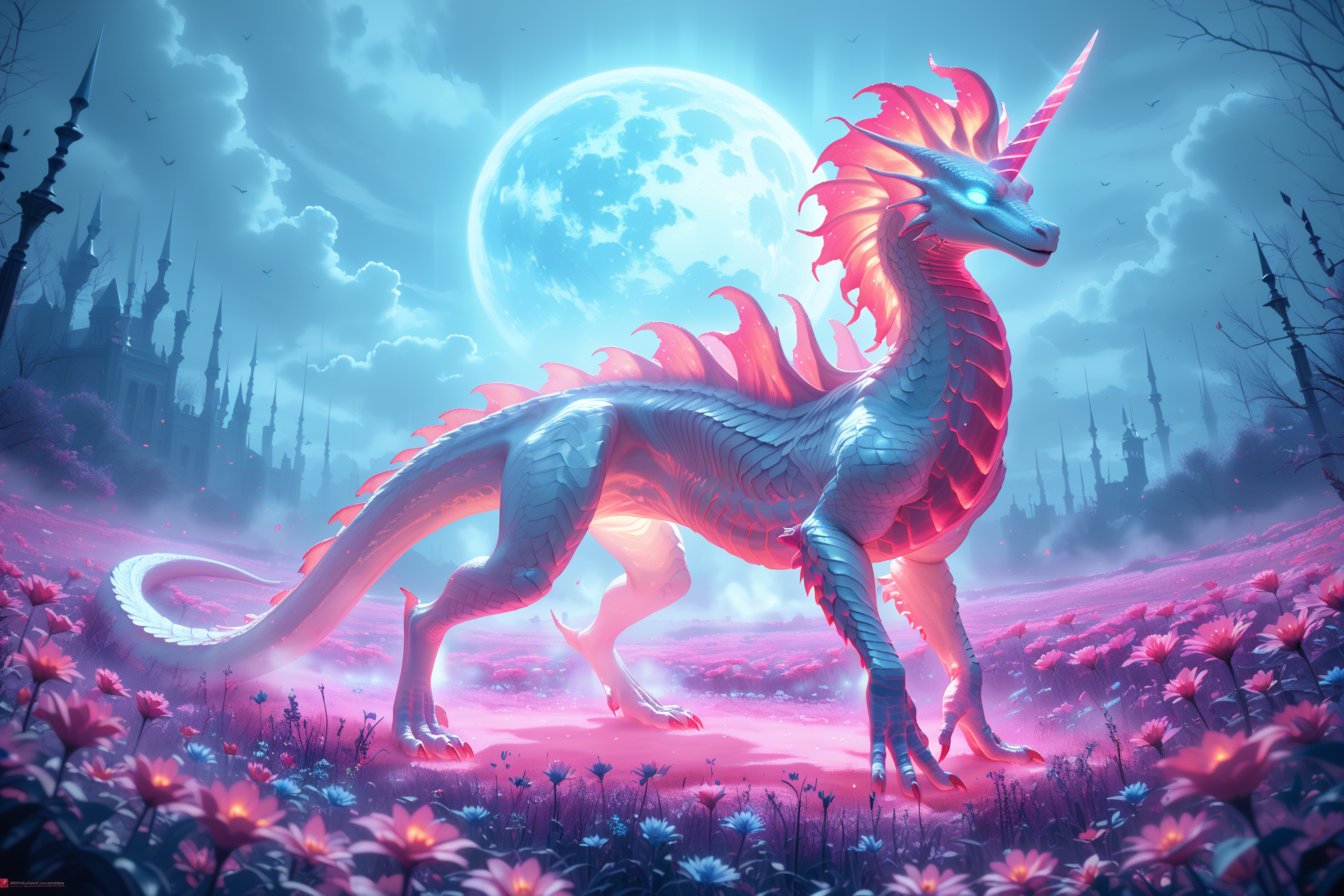 score_9, score_8_up, score_7_up (best quality, masterpiece, beautiful and aesthetic:1.2) glowing glass unicorn sits in a field of glowing blue-red frozen flowers, ominous darkness, moon, a lot of fog, haze, a lot of blue-red fireflies, silver scales shimmering in the moonlight , glowing eyes, white glowing mane <lora:CTDRM:0.7> ctdrm, dreamy, soft lighting, fantasy style, surreal lighting, sinister, mystical, archaic, very colorful, high resolution, many details, The image is a hyper-realistic CGI rendering of a hauntingly realistic