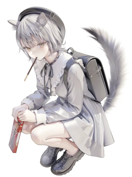 jima (style1),1girl,animal ears,solo,bag,squatting,hat,looking at viewer,short hair,dress,backpack,food in mouth,holding,food,mouth hold,long sleeves,animal ear fluff,yellow eyes,full body,white hair,pocky,grey hair,beret,tail raised,grey dress,black headwear,white dress,black footwear,ribbon,neck ribbon,shoes,black ribbon,simple background,white background,dog girl,dog tail,dog ears,<lora:JIMA (æ»å) v1.2-000008:1>,