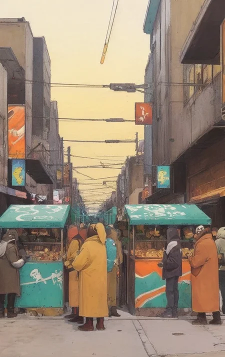 artwork <lora:Moebius:1>,, outdoor at noon, a lot people do a crush, tundra, hectic street life