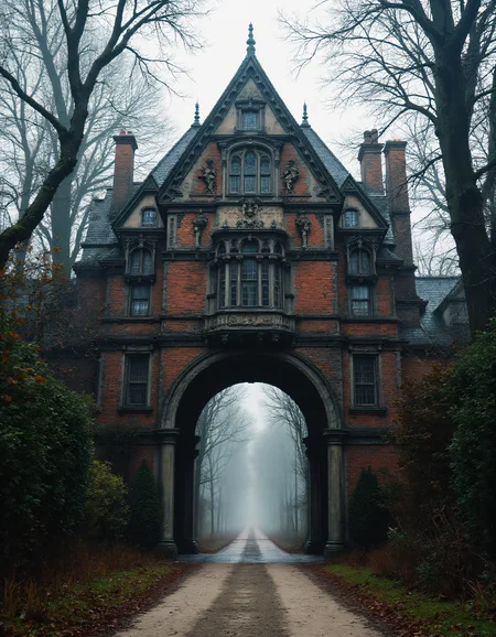 A grand, Victorian-style mansion gatehouse, featuring a tall, steeply sloped roof covered in dark slate tiles. The arched entrance is adorned with ornate stone carvings, including detailed floral patterns and grotesque faces. The building is made of a mix of red brick and weathered stone, giving it a timeless and slightly eerie appearance. Large windows framed by stone moldings offer a glimpse of dimly lit interiors. The pathway leading through the arch is a gravel road, disappearing into a long tree-lined avenue, with bare, gnarled branches stretching out on both sides. The scene is set on a cloudy day, creating a somber, gothic atmosphere. The surrounding trees are leafless, and the air feels cold and quiet, hinting at a mysterious story behind the estate. aidmaHyperrealism <lora:aidmaHyperrealismv0.3:0.6>  <lora:Sinfully_Stylish_.02_for_FLUX:0.6> in the style of Jed-clrfl <lora:flux-colourful:0.3>  <lora:FluxDFaeTasticDetails:0.6>