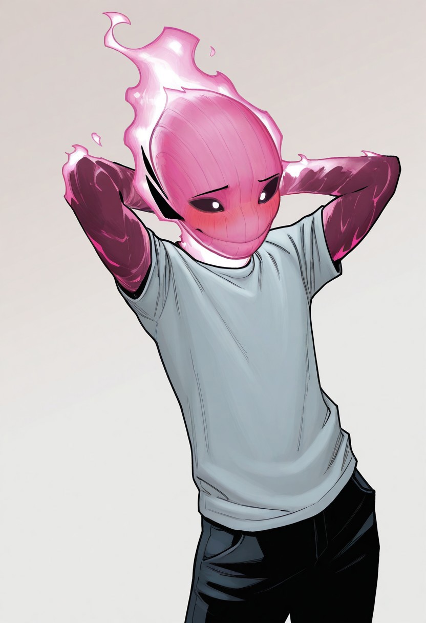 masterpiece, absurdres, high quality, perfect anatomy, 1boy, solo, cute boy, male focus, doyle, Pink Fire, Black Scelera, colored scelera, t-shirt, shy smile, hand behind head, cinematic, intricately detailed illustration, depth of field, masterpiece, best quality, amazing quality, very aesthetic, absurdres, newest, very awa,  shadow, dynamic angle, casual cosplay, dynamic pose, simple background,