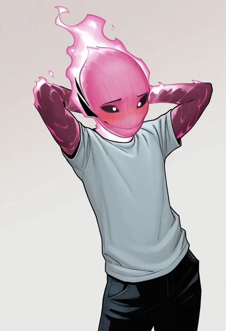 masterpiece, absurdres, high quality, perfect anatomy, 1boy, solo, cute boy, male focus, doyle, Pink Fire, Black Scelera, colored scelera, t-shirt, shy smile, hand behind head, cinematic, intricately detailed illustration, depth of field, masterpiece, best quality, amazing quality, very aesthetic, absurdres, newest, very awa, shadow, dynamic angle, casual cosplay, dynamic pose, simple background,