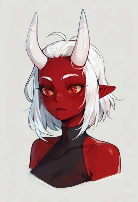 score_9, score_8_up, score_7_up, score_6_up, score_5_up,  <lora:suizillaXLP:1> 1girl, Yamiko, red eyes, white hair, demon horns, white horns, red skin