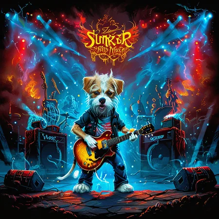 <lora:ZIP_SDXL:1> zip dog looking at the viewer Walking on stage playing his guitar <lora:1980s_Fantasy_Style_test_2:0.3> 1980s Fantasy Style, vivid color <lora:Rock_Concert:0.8> r0ckc0ncert, on stage, light show, smoke, band, instruments <lora:tbh160-sdxl:0.8> style of Dan Mumford