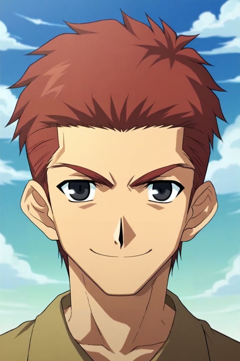 zPDXL, score_9, score_8_up, score_7_up, source_anime, rating_safe, , looking at viewer, , 1boy, male focus, black eyes, auburn hair, mutton chops,, solo, symmetry, skytree, day, clouds, kneeling, naughty smile, <lora:fsn_style_pony:1.06>, fsn_style, , <lora:sdxl_lightning_8step_lora:1>