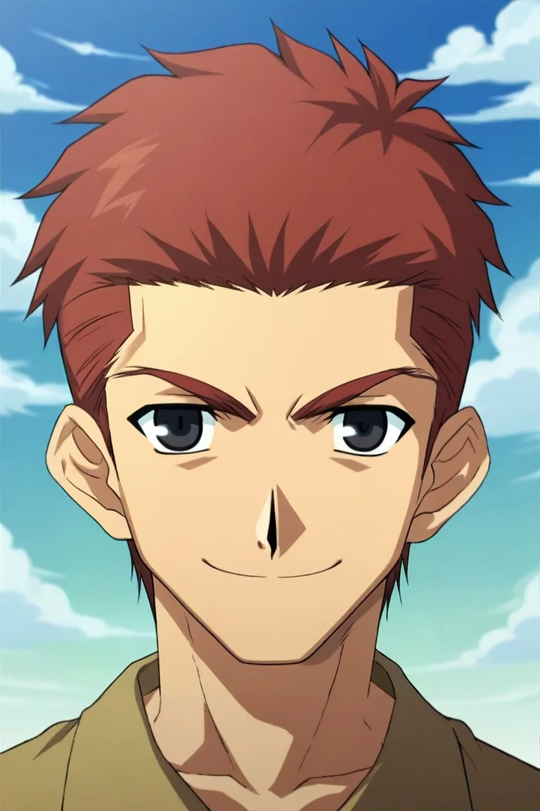 zPDXL, score_9, score_8_up, score_7_up, source_anime, rating_safe, , looking at viewer, , 1boy, male focus, black eyes, auburn hair, mutton chops,, solo, symmetry, skytree, day, clouds, kneeling, naughty smile, <lora:fsn_style_pony:1.06>, fsn_style, , <lora:sdxl_lightning_8step_lora:1>