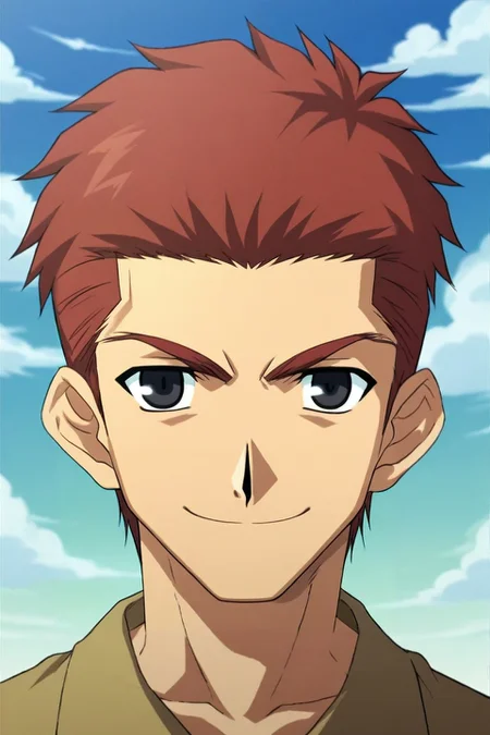 zPDXL, score_9, score_8_up, score_7_up, source_anime, rating_safe, , looking at viewer, , 1boy, male focus, black eyes, auburn hair, mutton chops,, solo, symmetry, skytree, day, clouds, kneeling, naughty smile, <lora:fsn_style_pony:1.06>, fsn_style, , <lora:sdxl_lightning_8step_lora:1>
