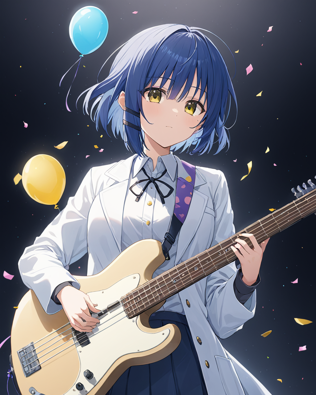 breathtaking,yamada_ryo,1girl, balloon, solo, mole_under_eye, white_background, holding, long_sleeves, mask_on_head, guitar, simple_background, closed_mouth, collared_shirt, confetti, hair_ornament, white_coat, labcoat, skirt, bass_guitar
<lora:yamada_ryo_image1086_2023-11-22:1>.   . gorgeous,key visual, vibrant, studio anime,award-winning, professional, highly detailed,high budget, cinemascope