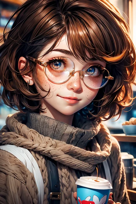 closeup, face, portrait, upper body,
freckles,
shy, blush,
(short brown hair:1.1),
(coffee shop:1.1),
(round glasses:1.2),
(brown eyes:1.4),
cozy, detailed eyes, winter sweater,
<lora:more_details:0.4>
<lora:Cosmic anime-oil fusion v2:0.45>
<lora:AnimeVibesV3:0.55> animevibes,
<lora:3DMM_V11:0.55> 3DMM
<lora:midjourney_20230624181825:0.65> midjourney ,
<lora:LAS:0.15> cloud,colorful,
<lora:msw_locon-t2:0.25>, shiny, shiny hair, shiny skin, shiny clothes