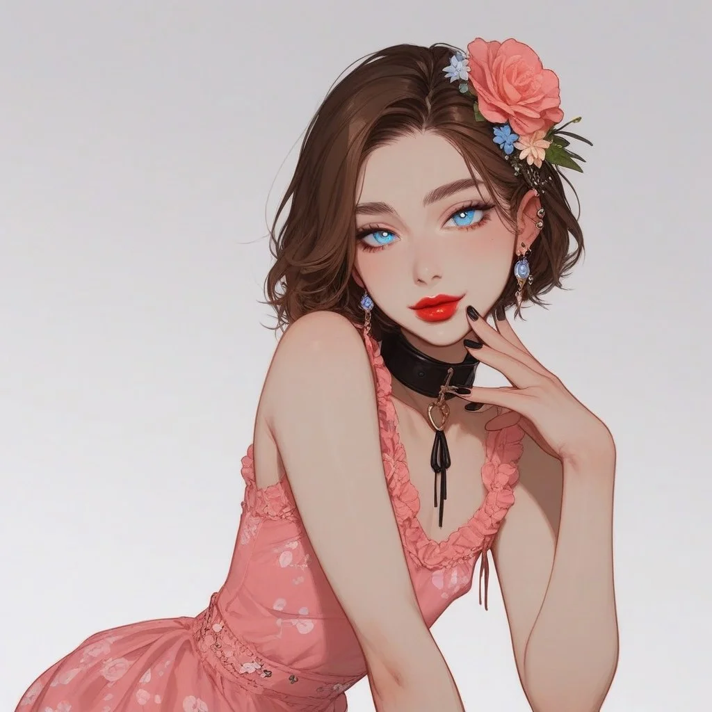 score_9, score_8_up, score_7_up, Expressiveh, , sexy pose,
, kawaii, perfect eyes, detailed, , pale skin, perfect skin,
(1_Femboy), detailed eyes, big blue eyes,
,
sexy skinny feminne body,
, narrow waist, bob haircut ,brown hair,
Lace stockings, , black nails, , ear piercing, makeup, lipstick, strands, manicure,
, submissive, thin waist, , collar,
Aroused,
, , , summerdress, pink dress, flower print, flower hair ornament, highly detailed, intricate, , sitting, knees up, leaning forward, side view, dutch angle, looking at viewer, gentle smile, modelshoot, abstract background, solo