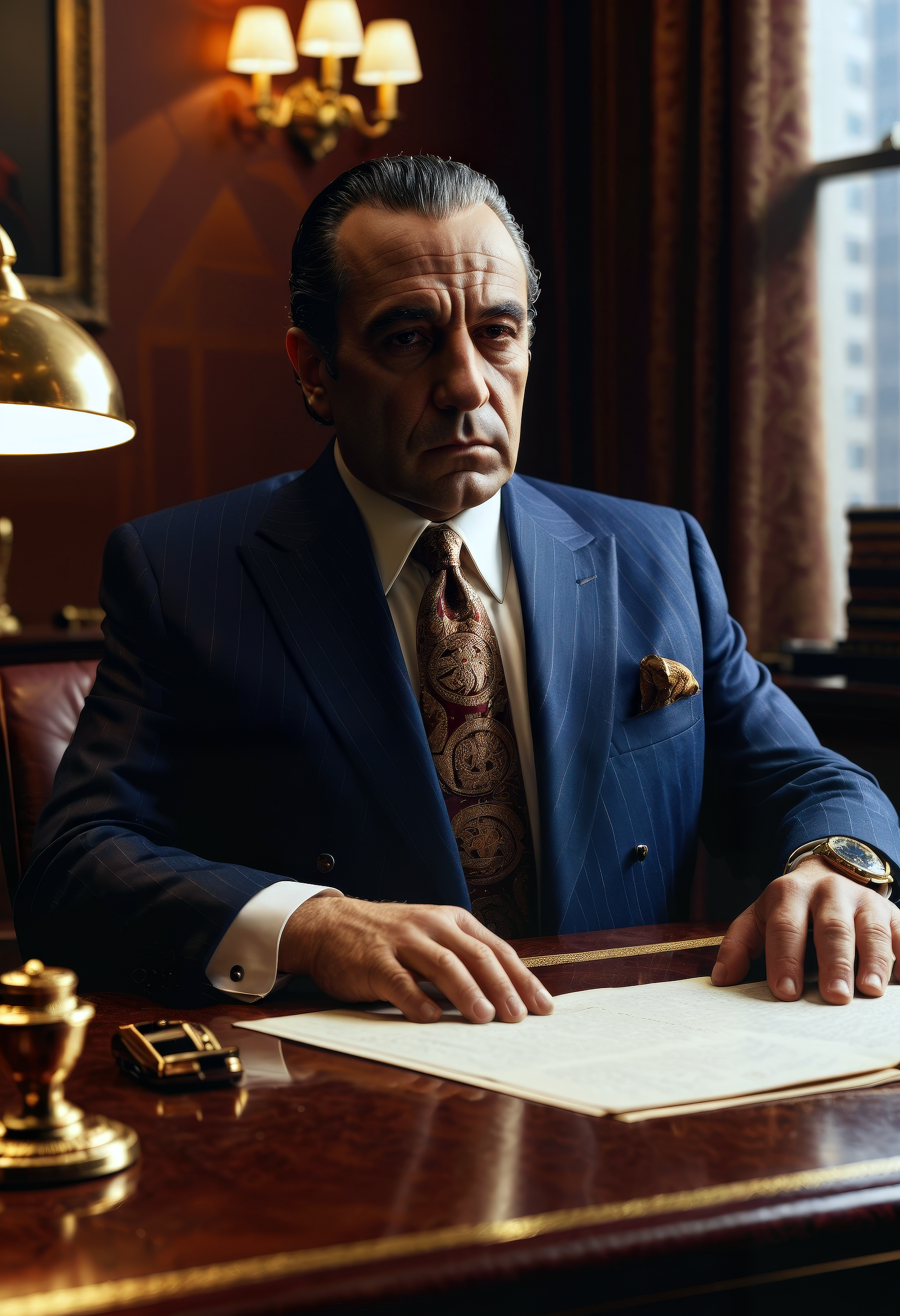 realistic photograph of a mafia boss in his 50s new york office, highly detailed, smooth, sharp focus, golden ratio, dramatic illumination