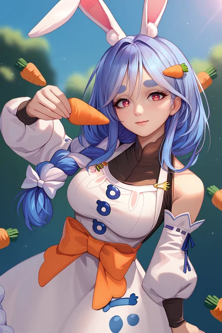 score_9, score_8_up, score_7_up, BREAK, <lora:liangxing-guy-PONYv1:1>, 1girl, solo, light particles, depth of field, breasts, <lora:sppekomamadefXLPony:0.9> pekomamadef, thick eyebrows, bunny-shaped pupils, rabbit ears, animal ear fluff, apron, dress, detached sleeves, bow, carrot hair ornament, mature female