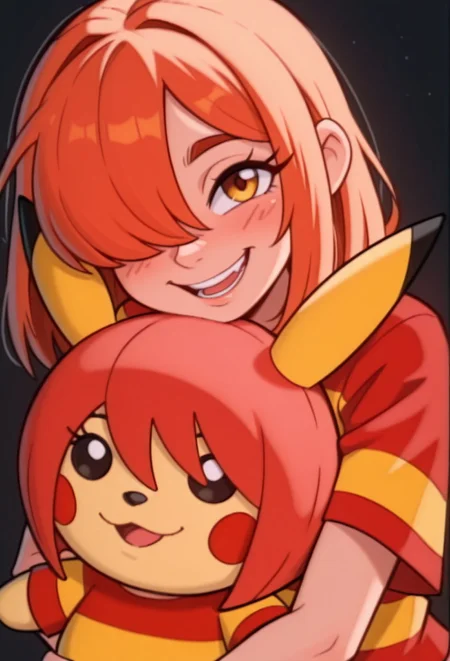 score_9, score_8, score_7_up, source_cartoon, orginal source, parody highres, absurdres, masterpiece, highly detailed, rating_safe, solo, BREAK,
WACGRANDD, 1girl, red hair, hair over one eye, orange hair, shirt, red shirt, yellow shirt, striped shirt, striped,
1girl, stuffed toy, stuffed animal, solo, smile, blush, open mouth, object hug, black background, upper body, looking at viewer, :d doll hug, holding stuffed toy, pikachu, teeth
