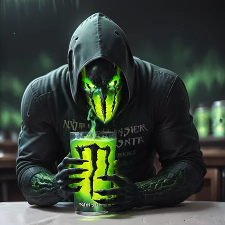 score_9, score_8_up, score_7_up, score_6_up, score_5_up, score_4_up,  <lora:MonsterNitroPony:0.8>,NitroEnergy,solo,holding,cup,1man,wearing dark hood,dark backround,huge glowing green glass cup in the midle of the table,holding cup with both hands,long dark demon fingers,dark hands,
