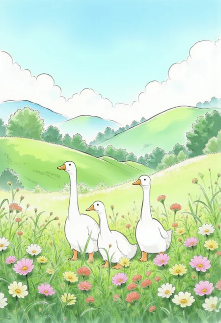 A serene and idyllic countryside scene featuring a group of white geese standing together in a lush, colorful meadow filled with vibrant flowers of pink, yellow, and white. The background showcases rolling green hills under a clear blue sky with soft, fluffy white clouds. The artwork is done in a charming, childlike illustrative style with a focus on simplicity, warmth, and natural beauty, evoking feelings of peace and joy.
