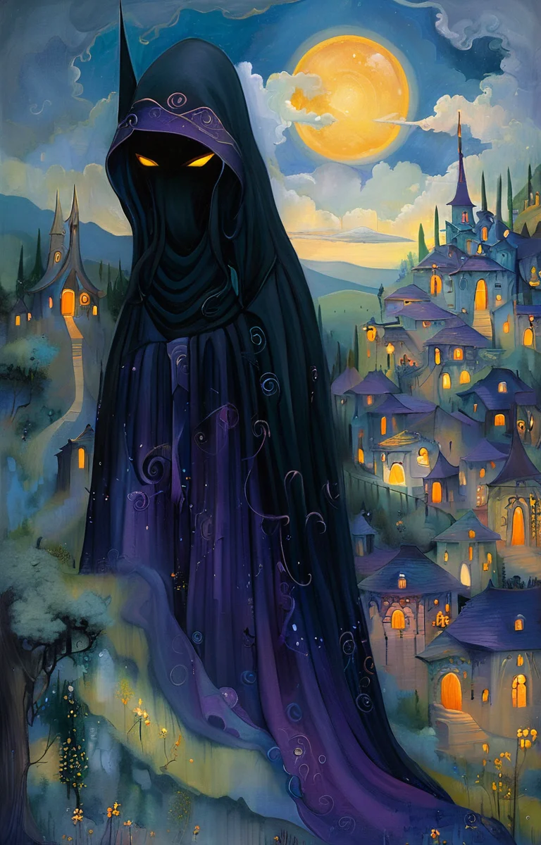 masterpiece,best quality,<lora:tbh158-sdxl:1>,illustration,style of Jeremiah Ketner, Nazgul over sleeping town