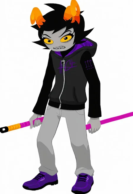 1boy, solo, short hair, black hair, grey skin, yellow sclera, male focus, black hair, colored skin, hood, full body, pants, hoodie, white background, zipped jacket, shoes, grey pants, standing, scared, purple footwear, sharp teeth, troll, purple tears, horns, holding golf club in one hand, zipper,
BREAK,
three-quarter view,
BREAK,
minimalist, mspaint,