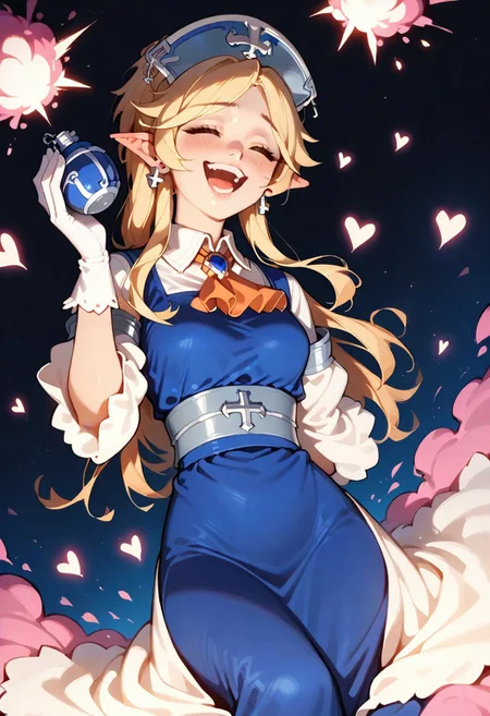 1girl, solo, yukaridef, hat, cross earrings, blue dress, orange ascot, white shirt, white gloves, holding grenade, laughing, leaning back, closed eyes, dark background, pink explosion, heart background, feet out of frame, three quater view, backlightling, masterpiece, best quality, very aesthetic, absurdres
