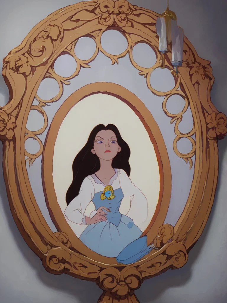 score_9, score_8_up, score_8, score_7_up, volumetric lighting, ursula human, long hair, black hair, indoors, mirror, fine art parody, <lora:littlem_pony_v1:0.9>