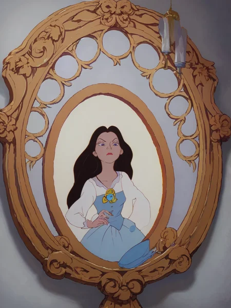 score_9, score_8_up, score_8, score_7_up, volumetric lighting, ursula human, long hair, black hair, indoors, mirror, fine art parody, <lora:littlem_pony_v1:0.9>