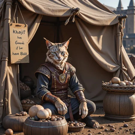 A cat man merchant wearing medieval fantasy clothing, Cat man has feline eyes and beautifully stripped fur, sitting in front of a cloth and fur tent outside of a large fantasy city wall, in the tent are goods for sale, rare and unusual items for sale, ((Hanging from the tent is a sign saying  "khajiit has Goods if you have Buzz":1.3)), high resolution, highly detailed, photorealistic, cinematic/ detailed digital hyper realistic intricate details, HDR, beautifully shot, hyper realistic, sharp focus, 64 megapixels, perfect composition, high contrast, cinematic, atmospheric, moody