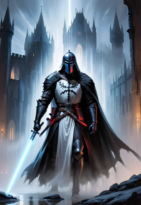 score_10, score_9, score_9_up, score_8_up, score_7_up, masterpiece, best quality, ghost, black armor, black knight, hood, duo focus, multiple_boys, 2boys,, two figures, Fantasy, knight, gothic, full plate armor, armor, black, cloak, hood, sith, sword, heavy armor, white light saber, shield,  reflection, spirit, translucent, black mist, paladin, fighter, rogue, vivid color, castle,