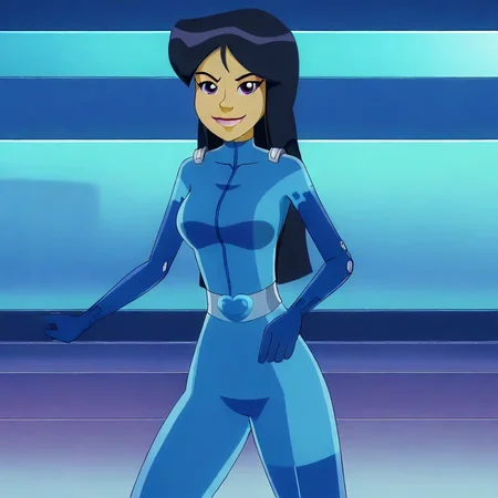 cartoon, totally_spies_2k24, britney, black hair, long hair, purple eyes, blue bodysuit, 1girl, solo, large breasts, looking at viewer, smile, pose