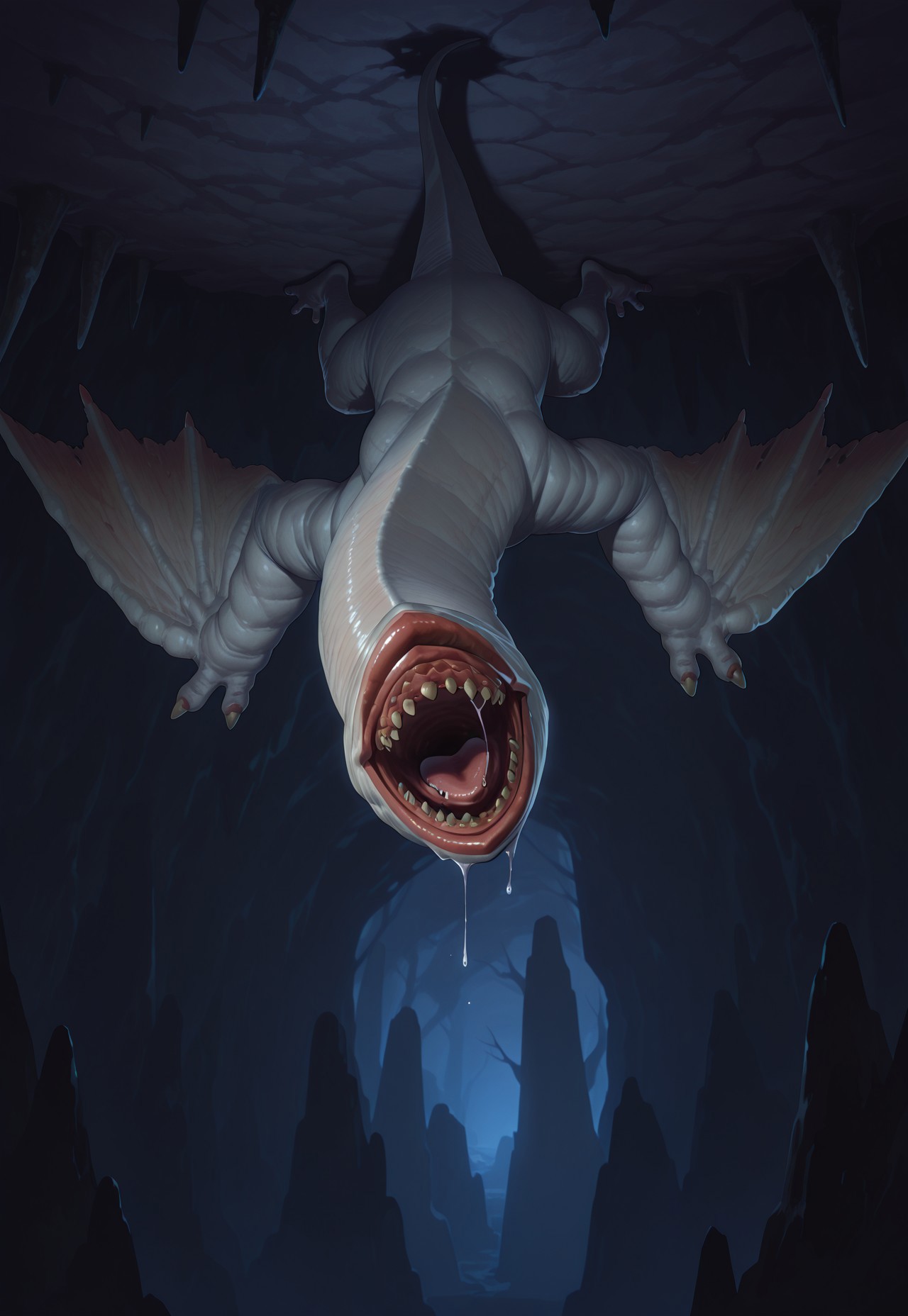 khezu, 1other, monster, solo, open mouth, looking at viewer, dark cave, in a dark cave, hanging, hanging from ceiling, wings, tail, long neck, drooling, cowboy shot