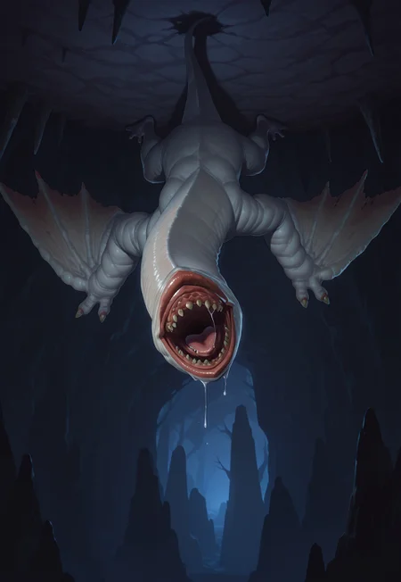 khezu, 1other, monster, solo, open mouth, looking at viewer, dark cave, in a dark cave, hanging, hanging from ceiling, wings, tail, long neck, drooling, cowboy shot