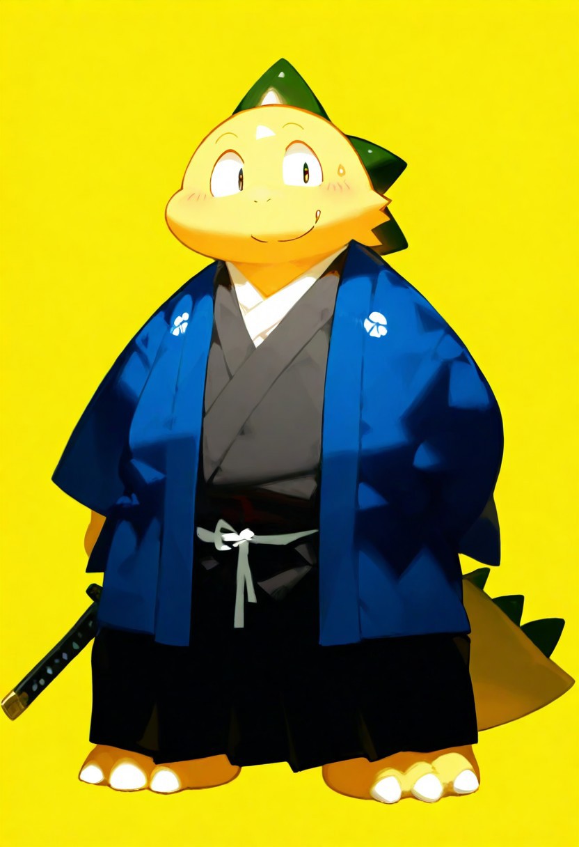 zuppusaurus (zuppu11), artist:zuppu11, r5k8m, deadpurity, tencarcyan_old_type1, tencarcyan_old_type2, xi410_type1, xi410_type2, xi410_type3, momowaa, 748cm, alens, nyalia, kyomu, youlichu, memento mori, 1boy, solo, furry, cute, kemono, masterpiece, best quality, very awa, very aesthetic, absurdres, full body, yellow body, wear black japanese traditional male clothes, holding katana